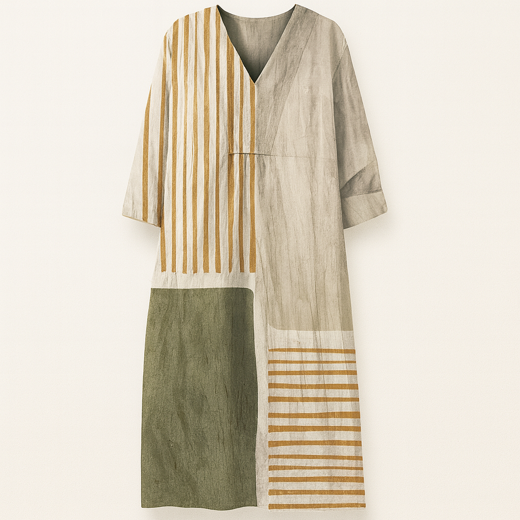 Boho Loose-Fit V-Neck Midi Dress with Patchwork & Print Designs