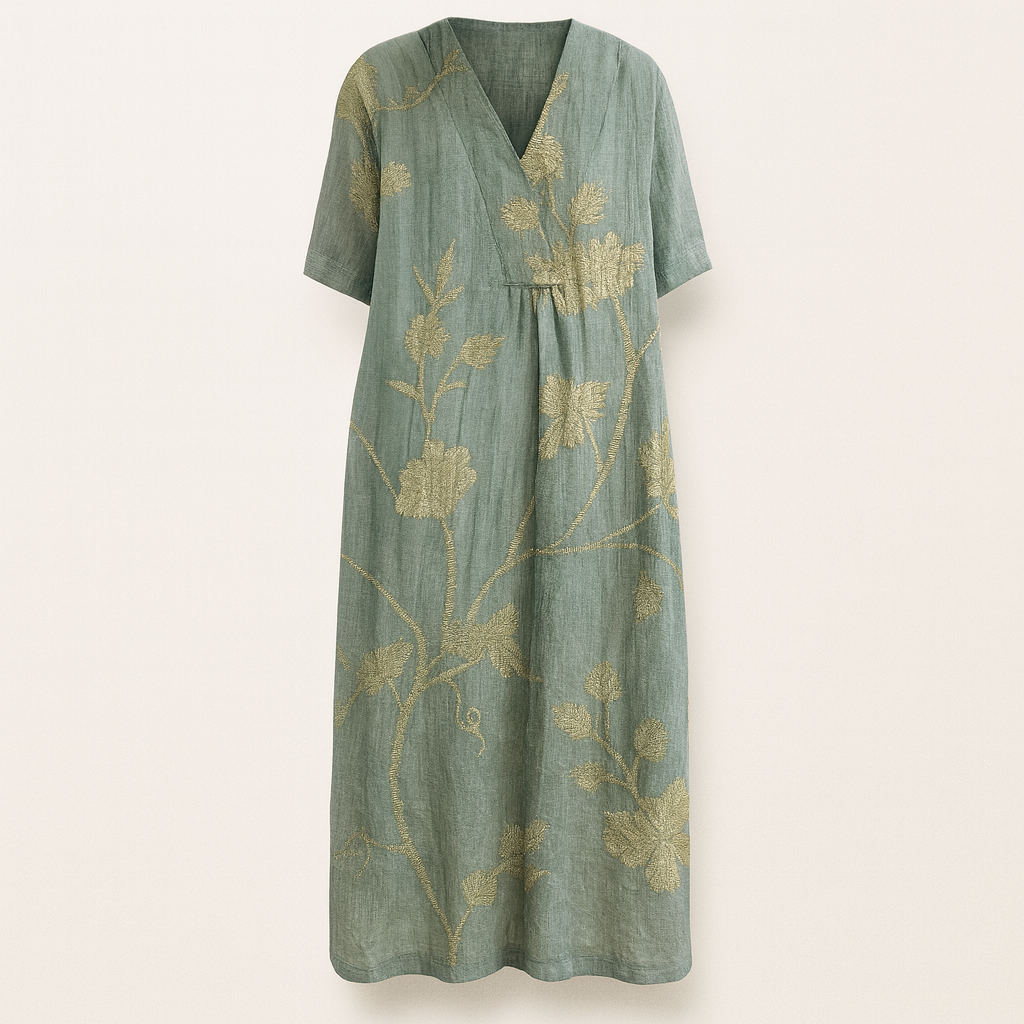 Boho Loose-Fit V-Neck Midi Dress with Patchwork & Print Designs