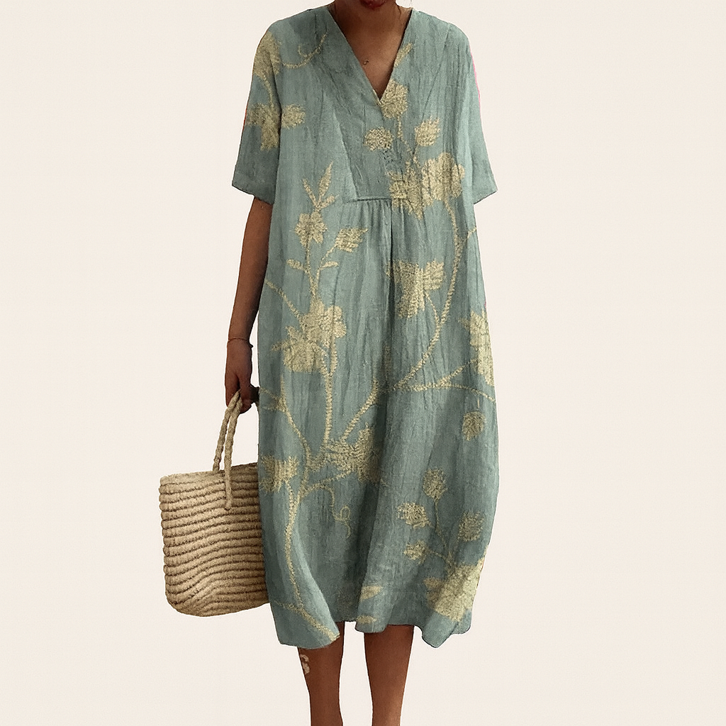 Boho Loose-Fit V-Neck Midi Dress with Patchwork & Print Designs