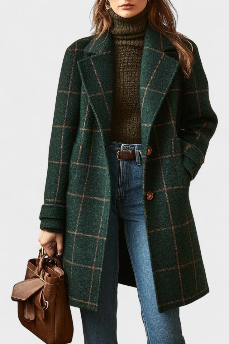 Classic Plaid Tailored Mid-Length Wool Coat