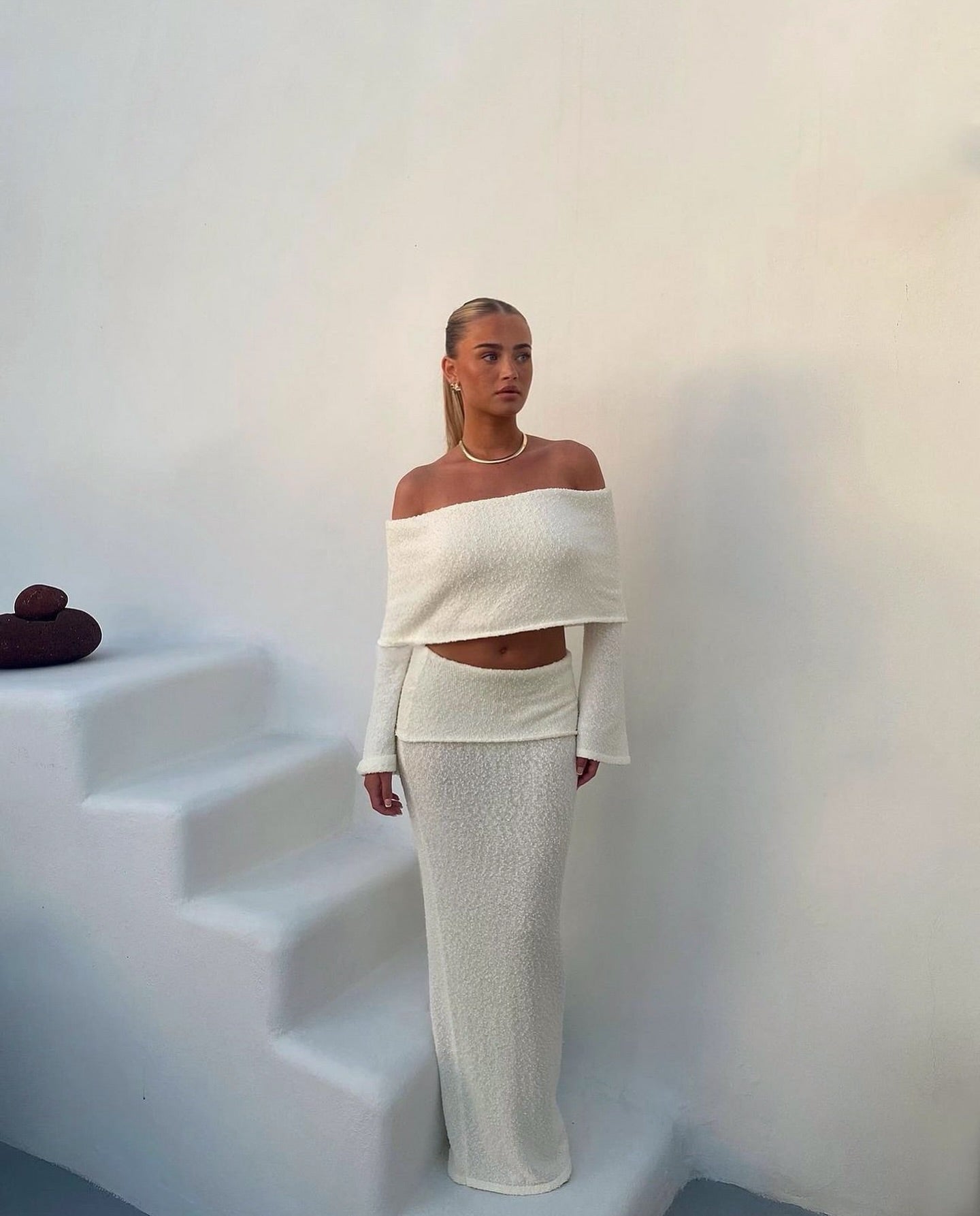 Off-Shoulder Knit Two-Piece Maxi Set