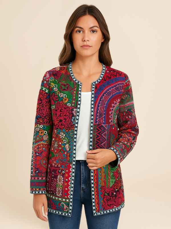 Boho Patchwork Print Open Front Jacket