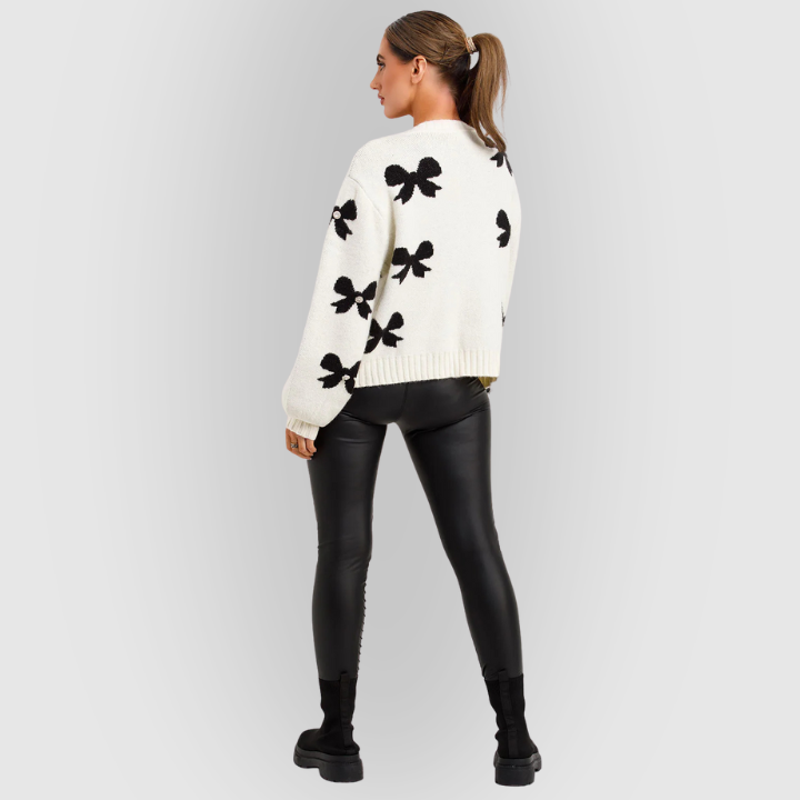 Bow-Pattern Long-Sleeve Knit Cardigan for Women