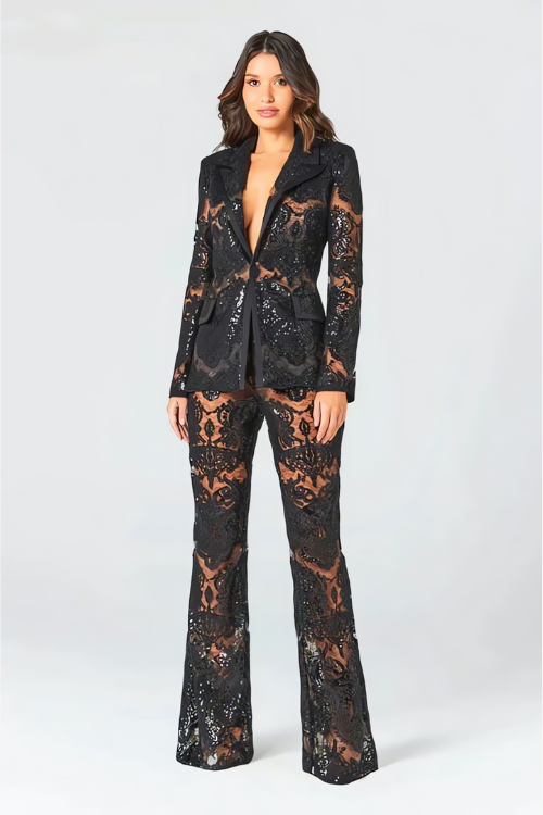 Women’s Lace Blazer and Flared Pants Two-Piece Set