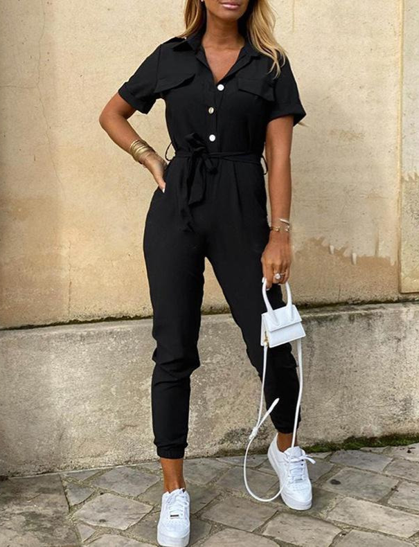 Casual Short-Sleeve Belted Jumpsuit with Tapered Legs