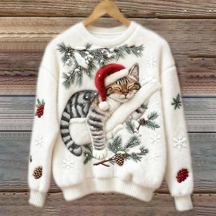 Festive Christmas Cat Knit Sweater with Santa Hat