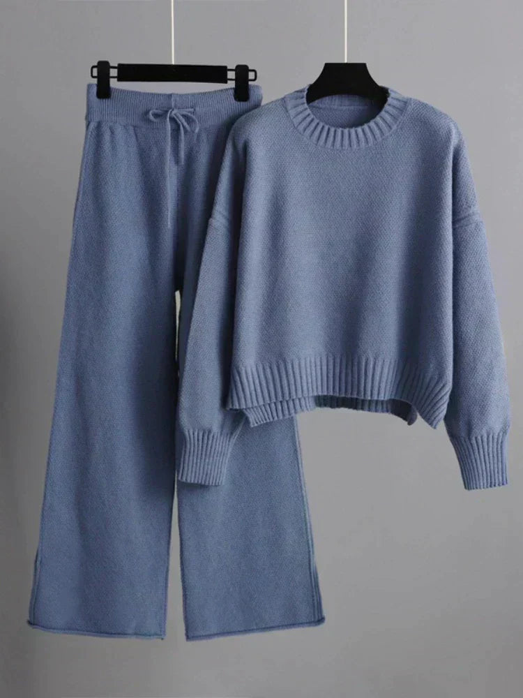 Relaxed Knit Sweater Lounge Set with Wide Leg Pants