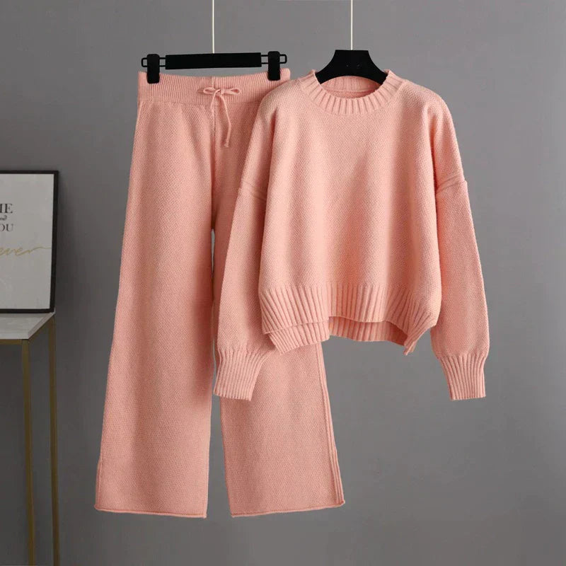 Relaxed Knit Sweater Lounge Set with Wide Leg Pants