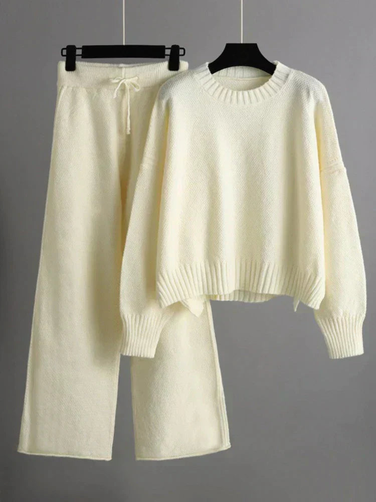 Relaxed Knit Sweater Lounge Set with Wide Leg Pants