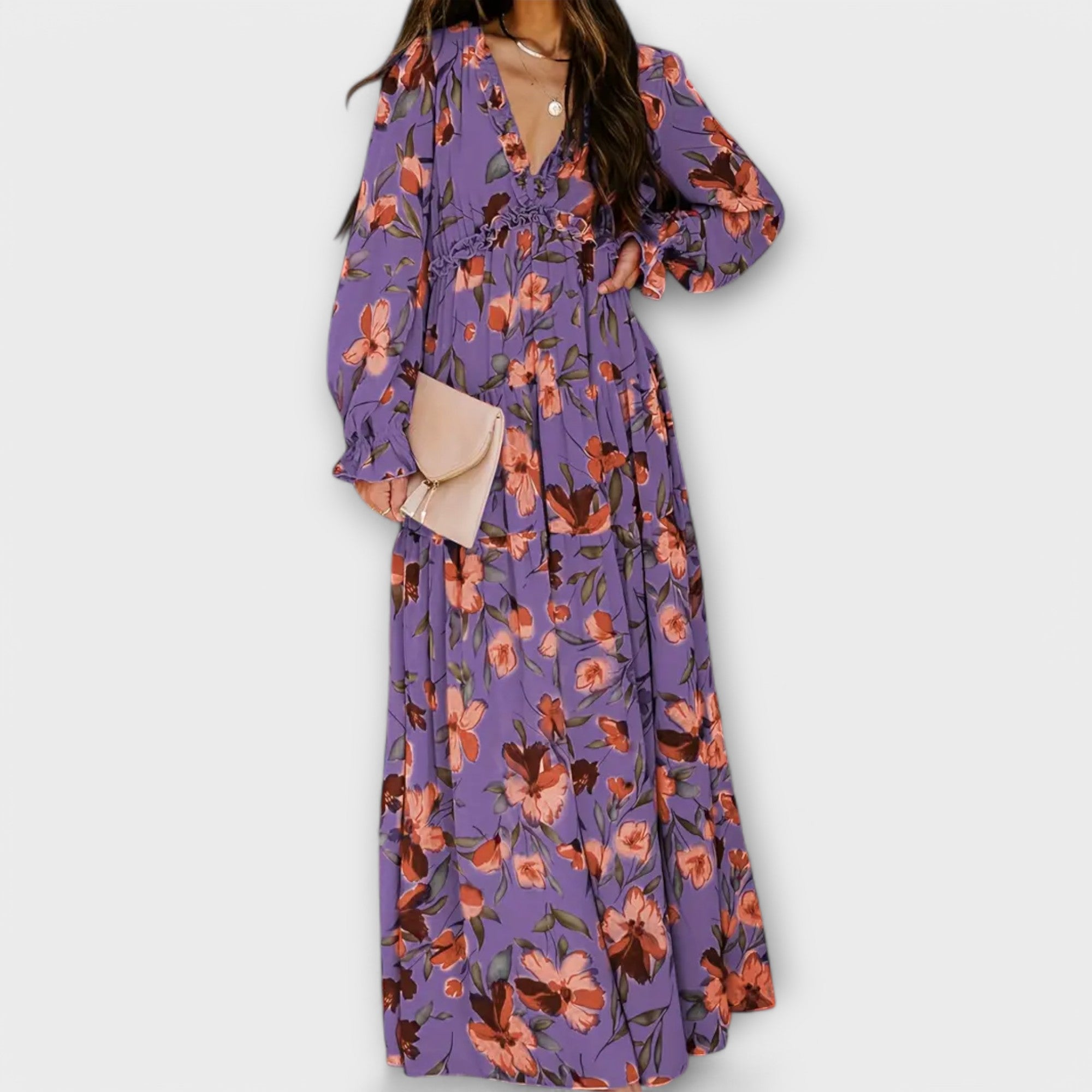 Long Sleeve Floral Maxi Dress with Flowy Boho Silhouette