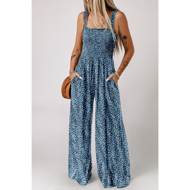 Floral Wide-Leg Sleeveless Smocked Women’s Jumpsuit