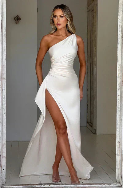 One-Shoulder Satin Evening Gown with High Slit