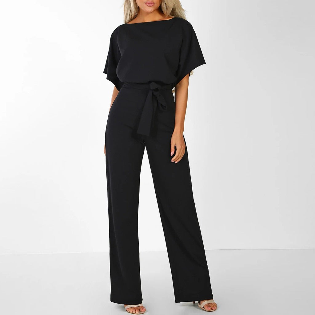 Short-Sleeve Belted Wide-Leg Elegant Women’s Jumpsuit