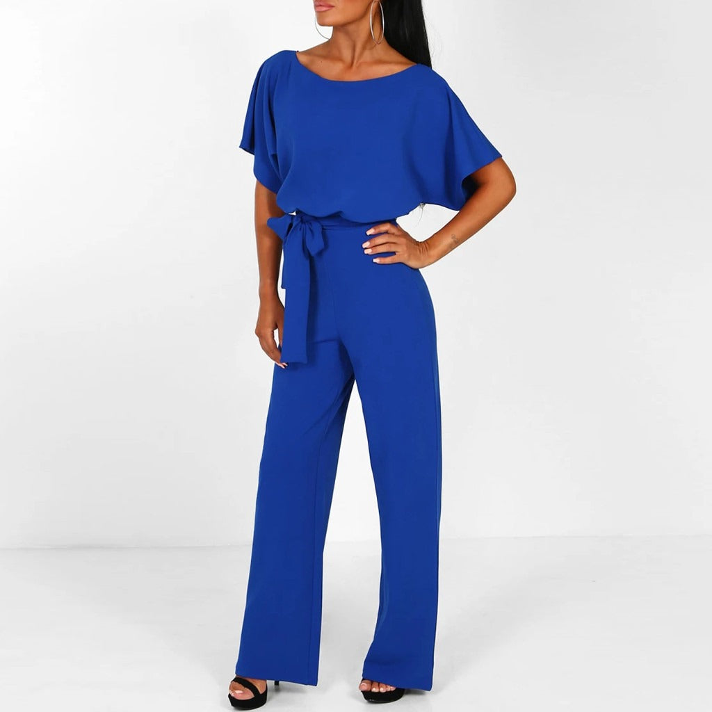 Short-Sleeve Belted Wide-Leg Elegant Women’s Jumpsuit
