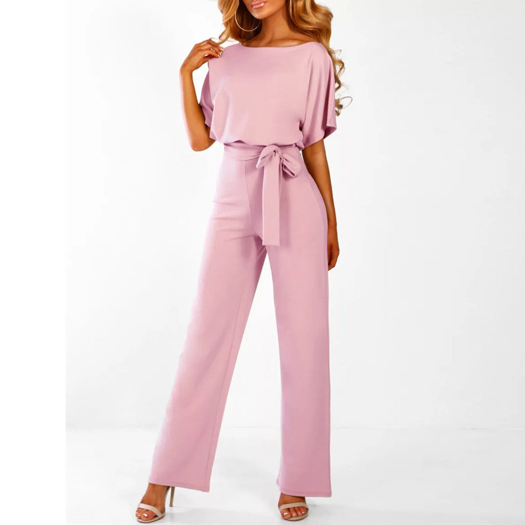 Short-Sleeve Belted Wide-Leg Elegant Women’s Jumpsuit
