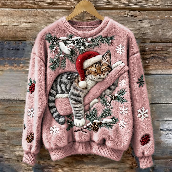 Festive Christmas Cat Knit Sweater with Santa Hat