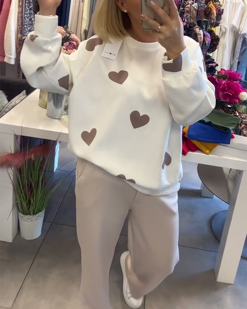 Heart Print Knit Sweatshirt and Lounge Pants Set