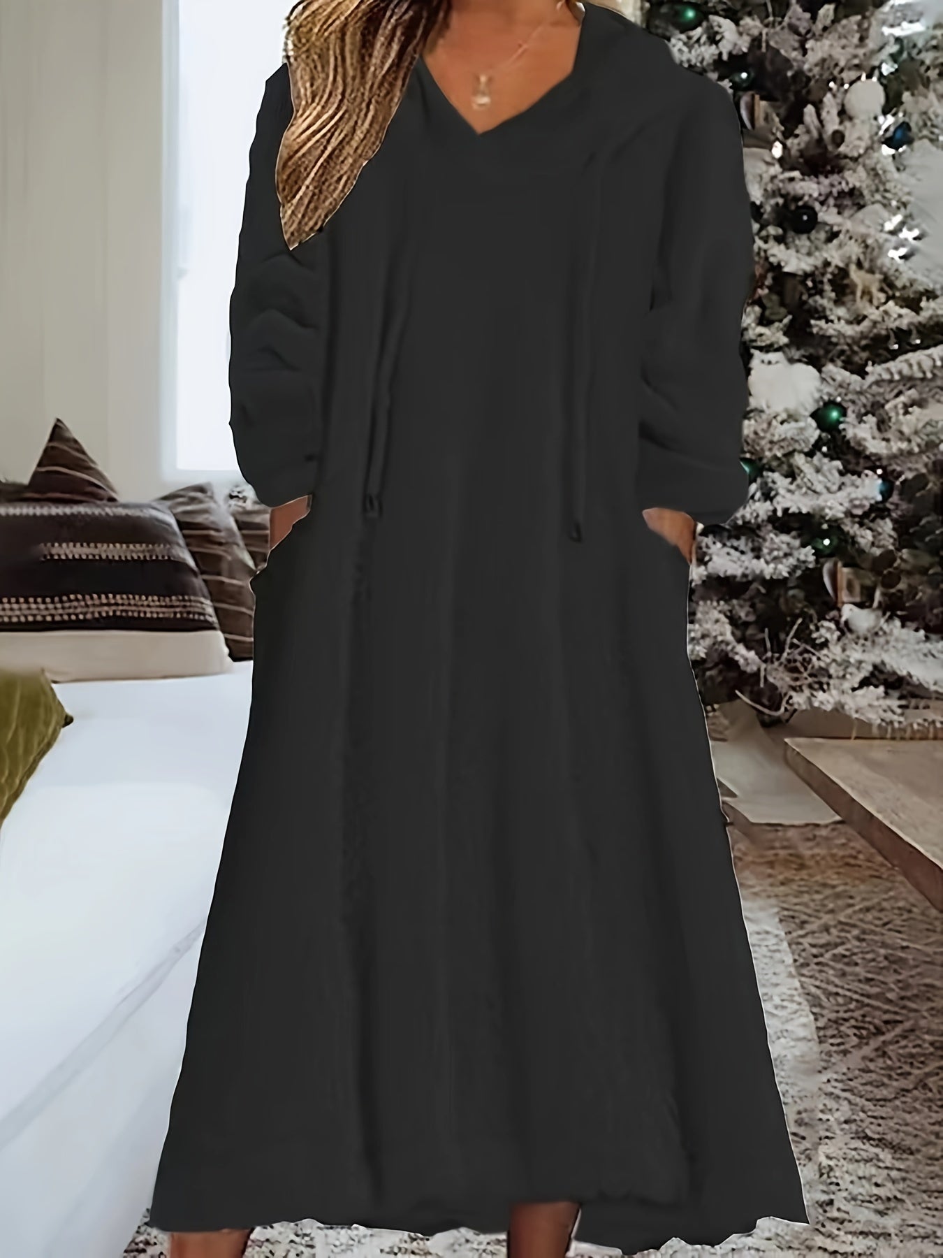 Long Sleeve Hooded Fleece Maxi Dress for Cozy Comfort
