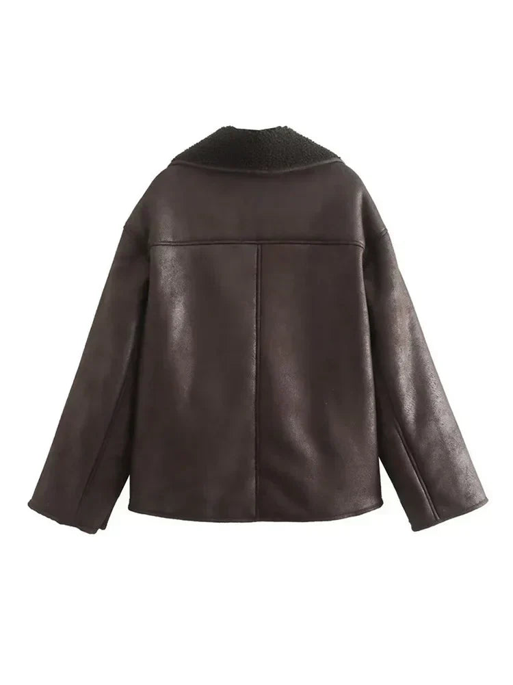 Faux Shearling Lined Leather Jacket for Women