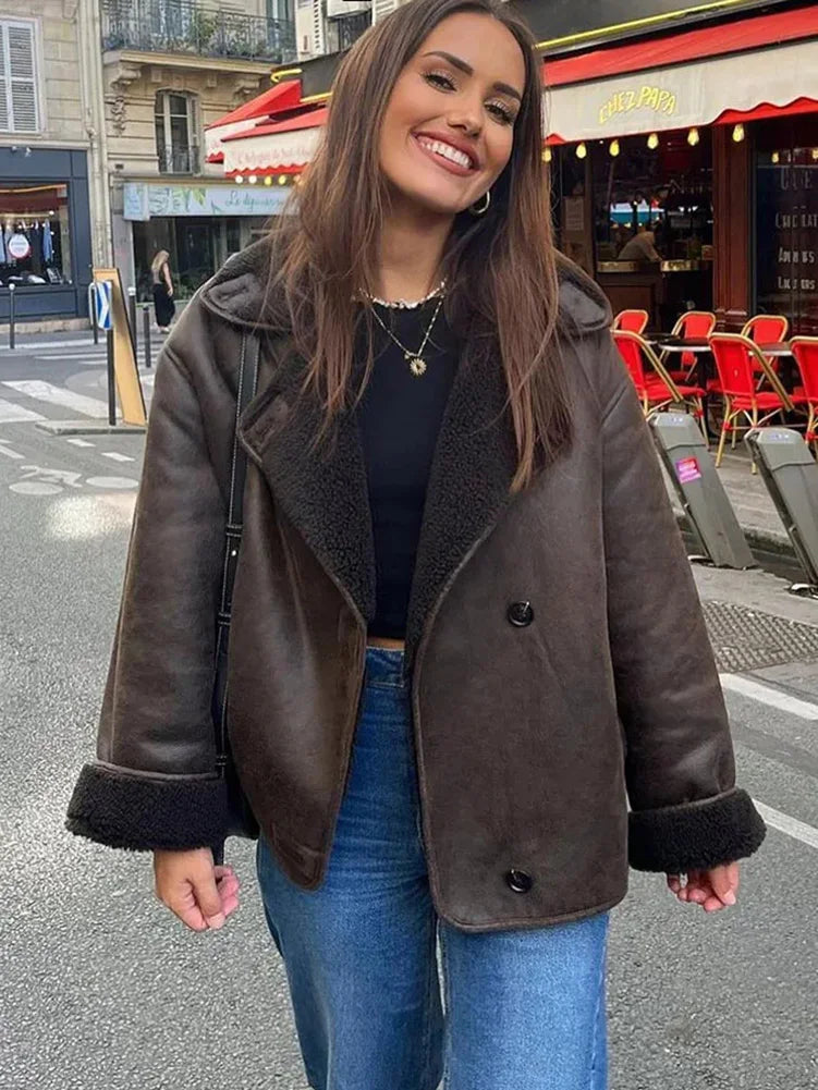 Faux Shearling Lined Leather Jacket for Women