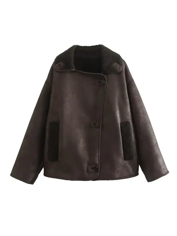 Faux Shearling Lined Leather Jacket for Women