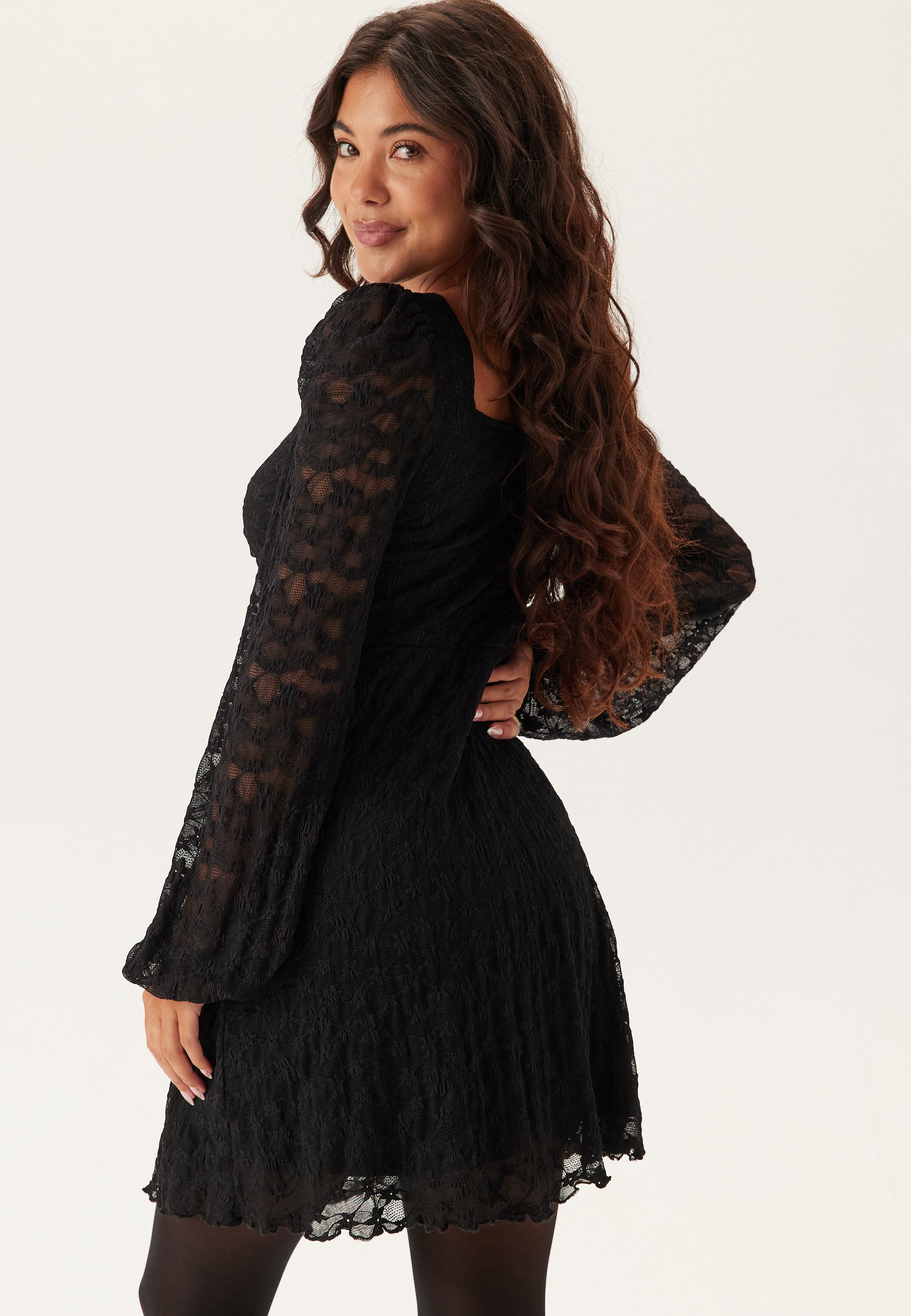 Long Sleeve Lace Wrap Mini Dress