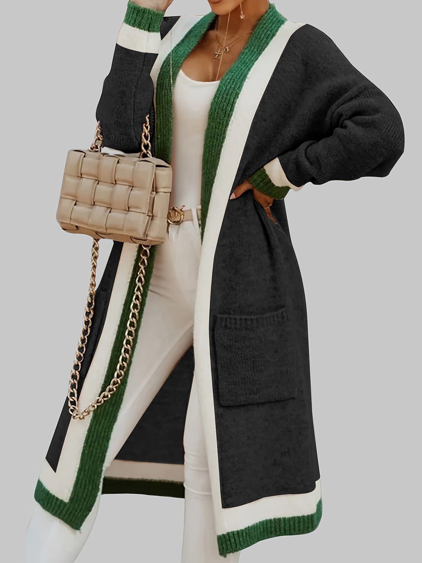 Women’s Long Striped-Trim Open-Front Knit Cardigan