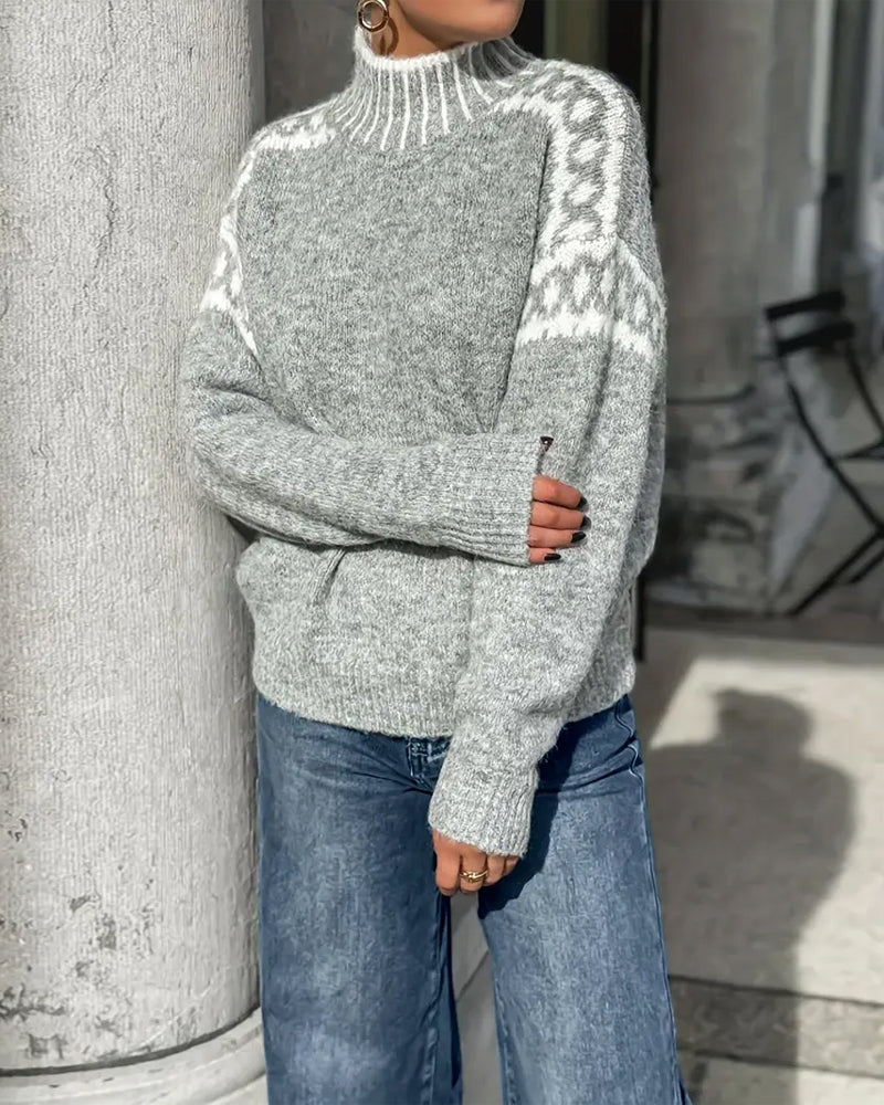 High Neck Textured Knit Long Sleeve Sweater