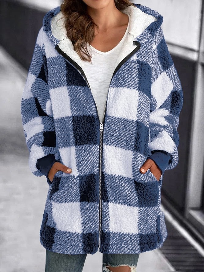Plaid Sherpa Fleece Hooded Zip Jacket