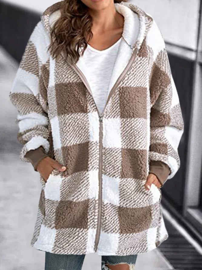 Plaid Sherpa Fleece Hooded Zip Jacket