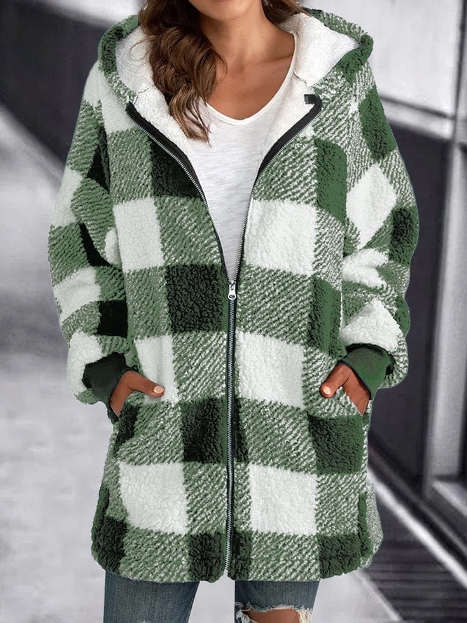 Plaid Sherpa Fleece Hooded Zip Jacket