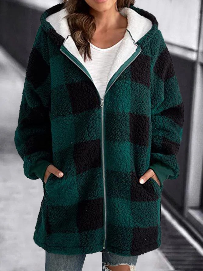Plaid Sherpa Fleece Hooded Zip Jacket