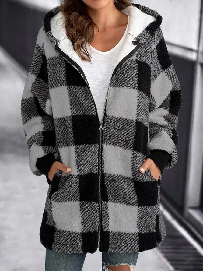 Oversized Fleece jacket with plaid hood and zipper