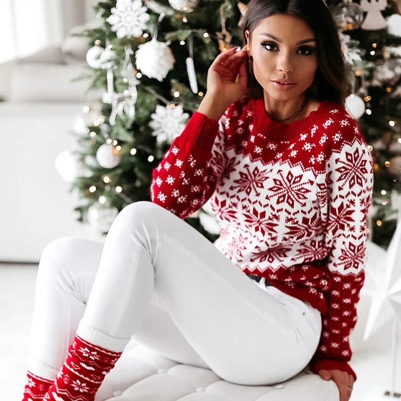 Festive Nordic Snowflake Knit Sweater – Cozy Holiday Winter Pullover