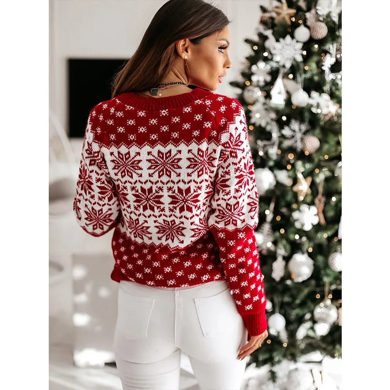 Festive Nordic Snowflake Knit Sweater – Cozy Holiday Winter Pullover