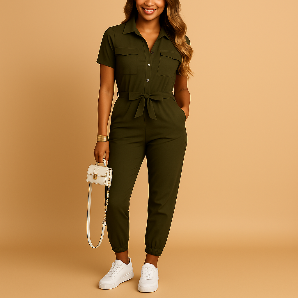 Short Sleeve Utility Belted Jumpsuit