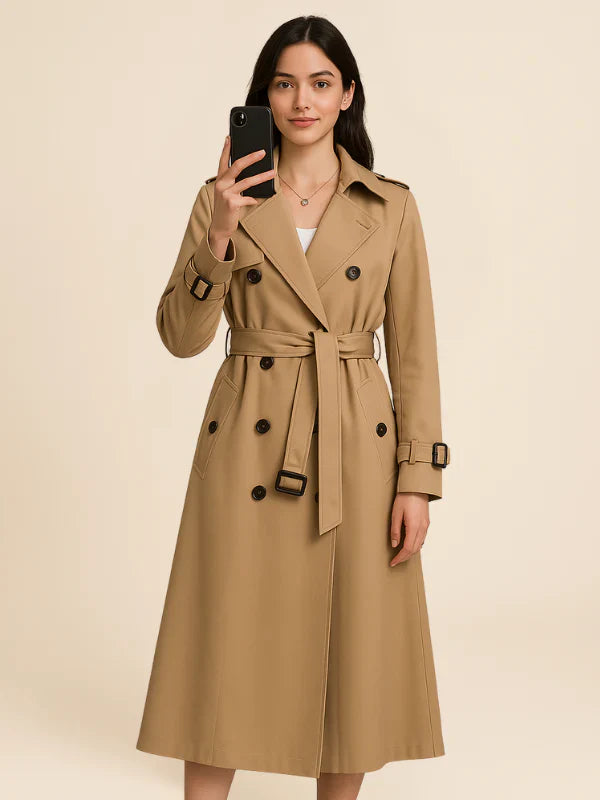 Classic Double-Breasted Belted Trench Coat for Women