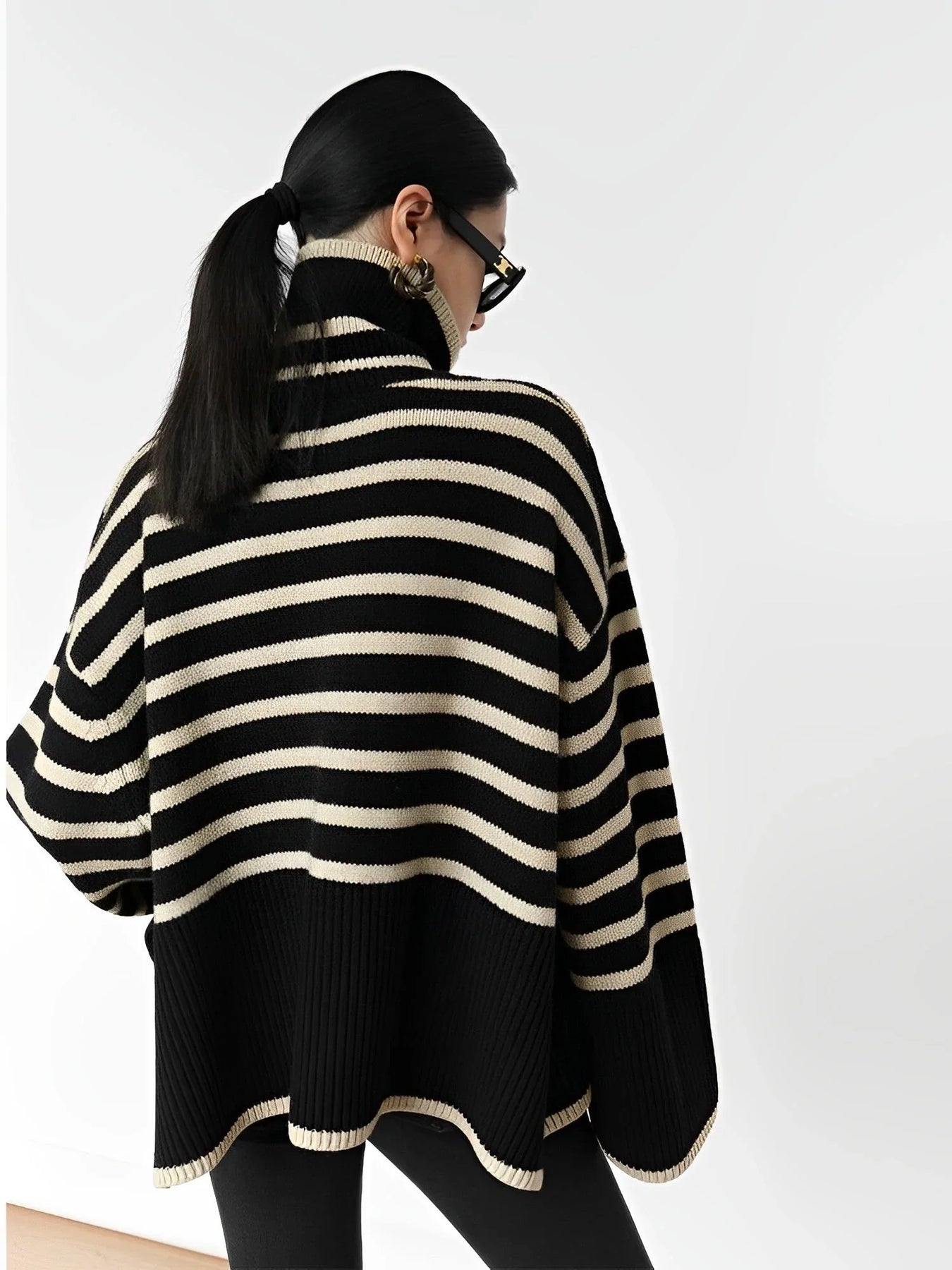 Striped Turtleneck Oversized Knit Sweater – Cozy Winter Pullover