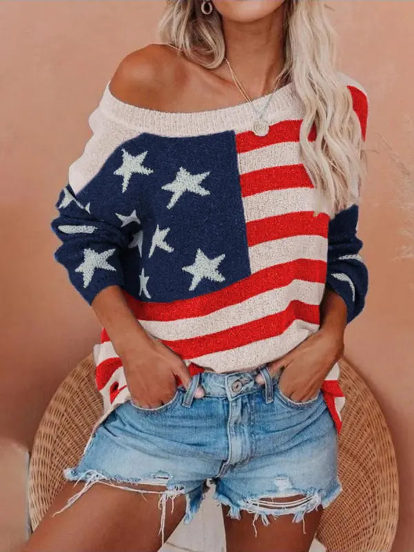 Off-Shoulder American Flag Knit Sweater for Casual Style