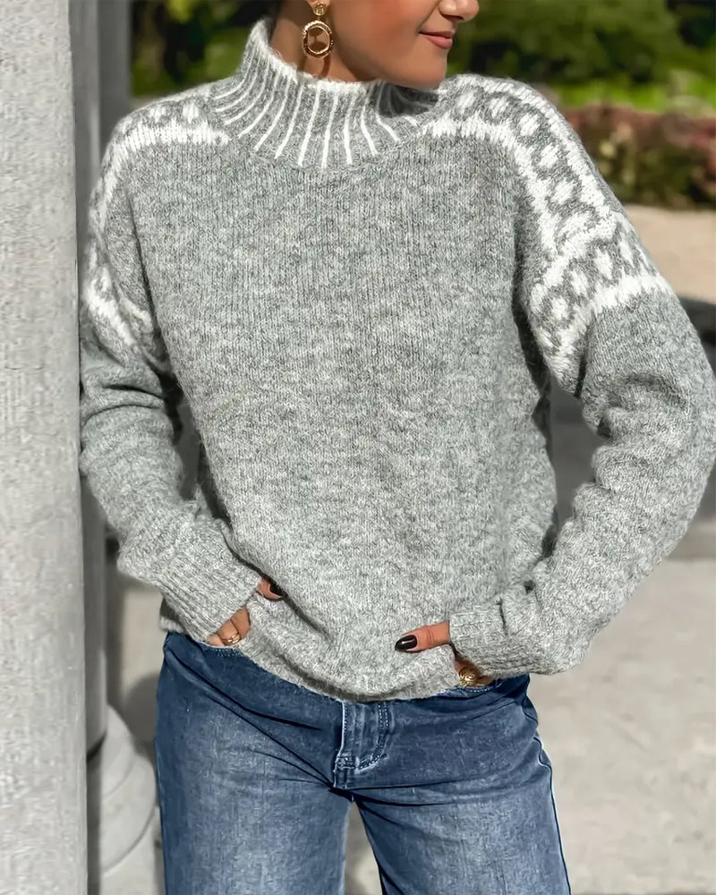 High Neck Patterned Knit Long Sleeve Sweater