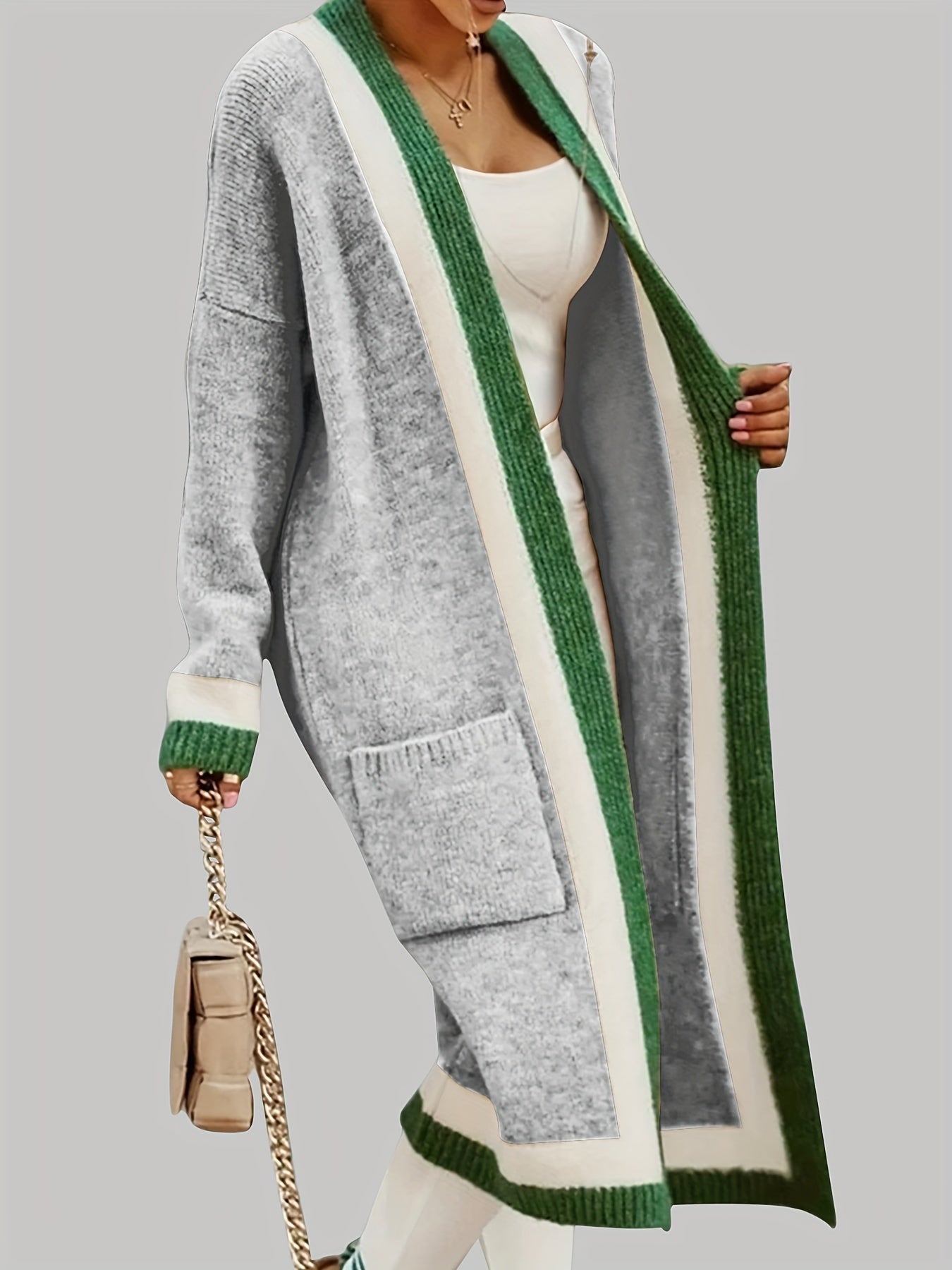 Women’s Long Striped-Trim Open-Front Knit Cardigan