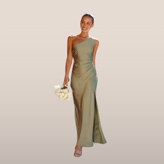 One-Shoulder Satin Draped Slit Evening Gown