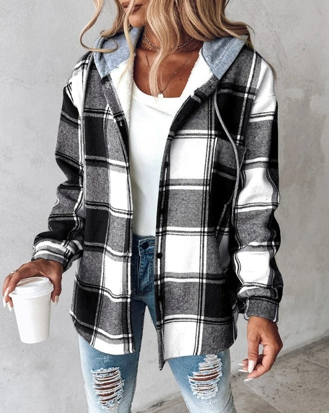 Women’s Hooded Plaid Button-Up Shacket
