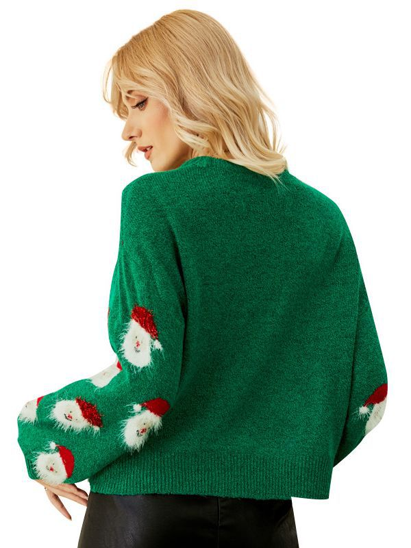 Festive Santa Print Knit Sweater for Cozy Holiday Style