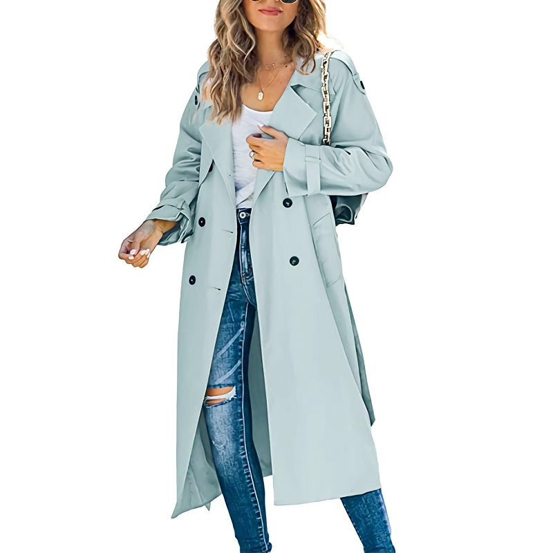 Women’s Long Double-Breasted Trench Coat with Belt