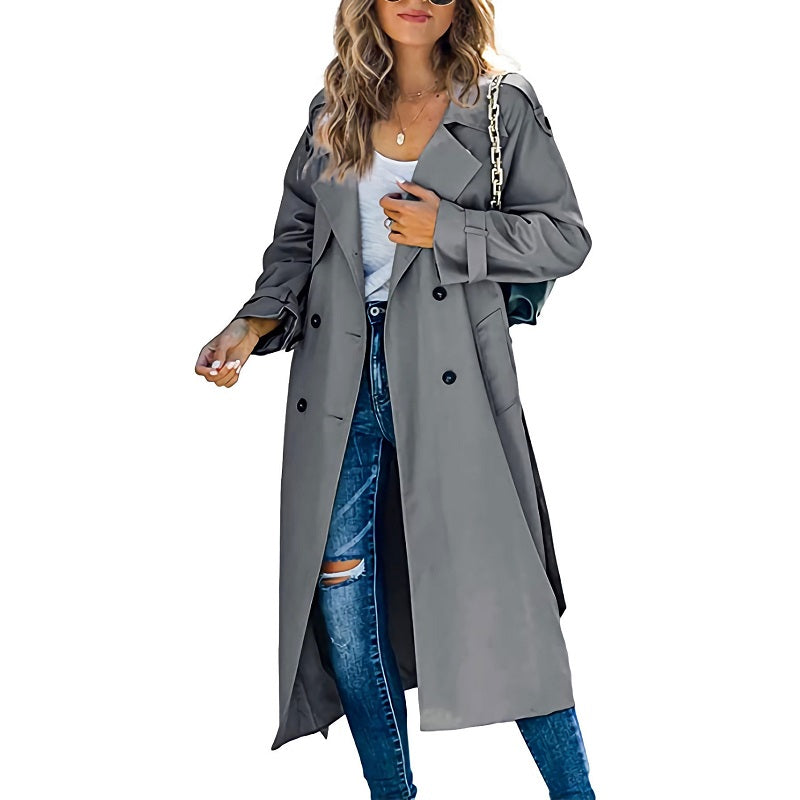 Women’s Long Double-Breasted Trench Coat with Belt