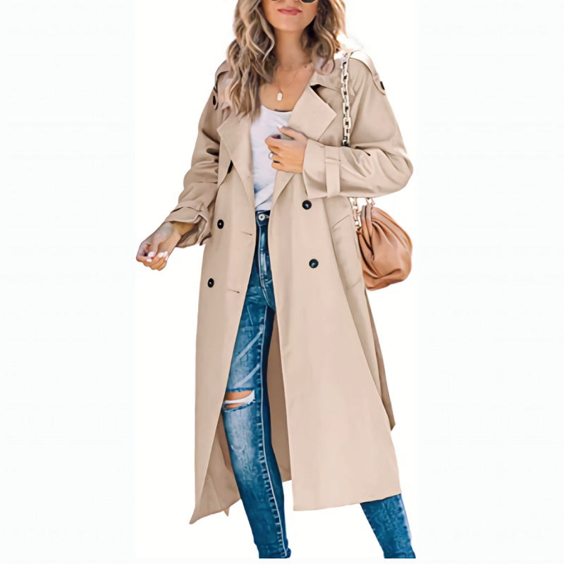 Women’s Long Double-Breasted Trench Coat with Belt