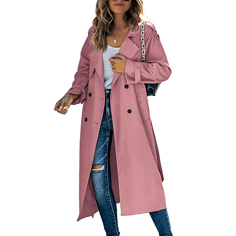 Women’s Long Double-Breasted Trench Coat with Belt