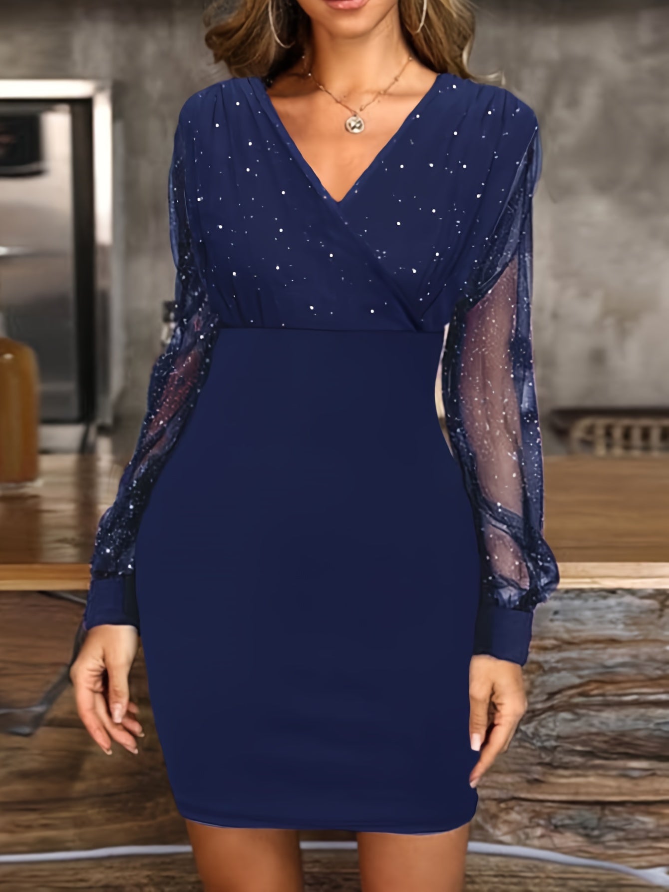 V Neck Mesh Long Sleeve Bodycon Mini Dress for Elegant Events