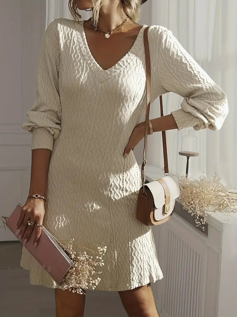 V Neck Knit Long Sleeve Ruffle Hem Mini Dress for Elegant Comfort